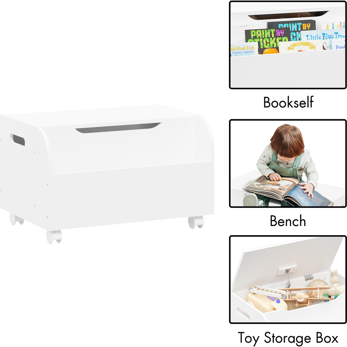 Wooden Toy Box with 4 Universal Wheels, Kids Toy Storage Organizer with Front Bookshelf, Flip-Top Lid, Safety Hinge, Boys Girls Toy Chest Bench for Playroom Kids Room Organization (White)