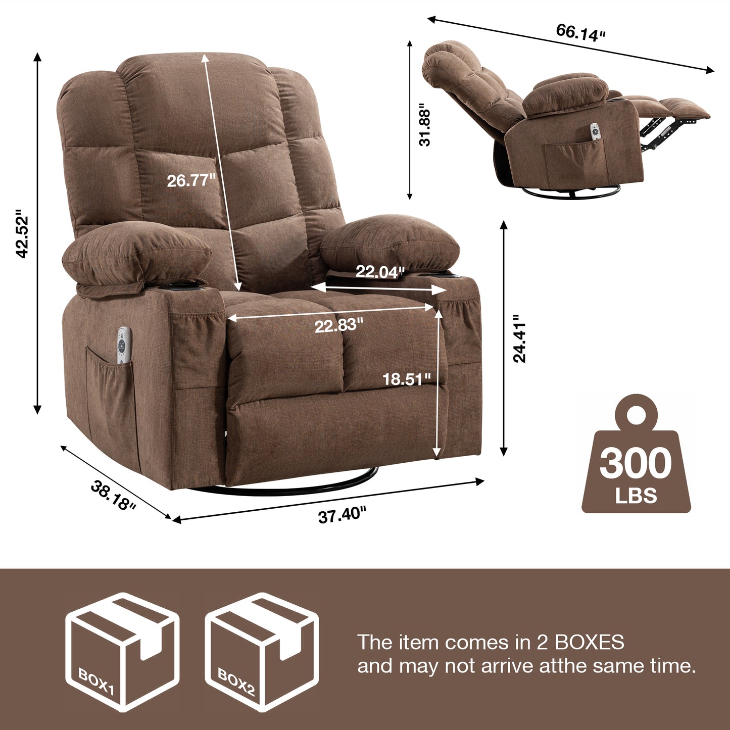 Massage Rocker Recliner Chair Rocking Chairs for Adults Oversized with 2 Cup Holders, USB Charge Port Soft Features a Manual Massage and Heat.(A+B)BROWN