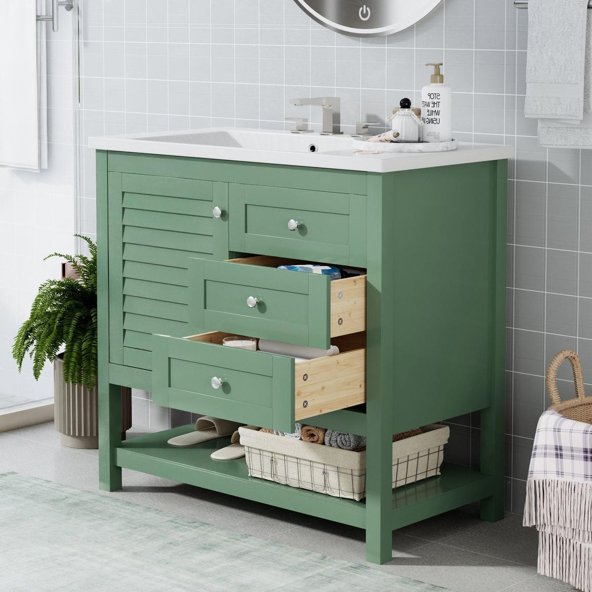 36" Bathroom Vanity with Undermount Sink, Free Standing Vanity Set with 2 Drawers& Soft Closing Doors, Bathroom Storage Cabinet with Solid Wood Feet, Green