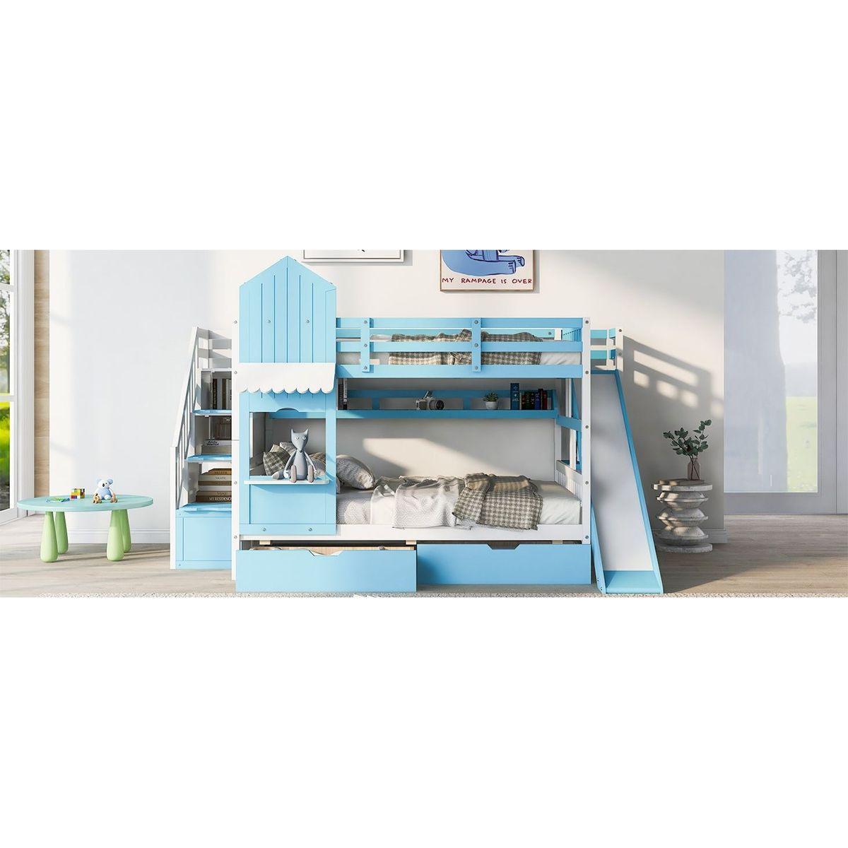 Full-Over-Full Castle Style Bunk Bed with 2 Drawers 3 Shelves and Slide - Blue
