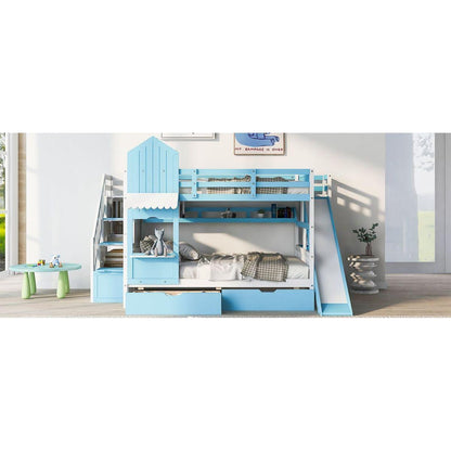 Full-Over-Full Castle Style Bunk Bed with 2 Drawers 3 Shelves and Slide - Blue