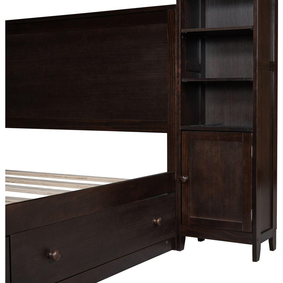 Queen Size Wooden Bed With All-in-One Cabinet, Shelf and Sockets, Espresso
