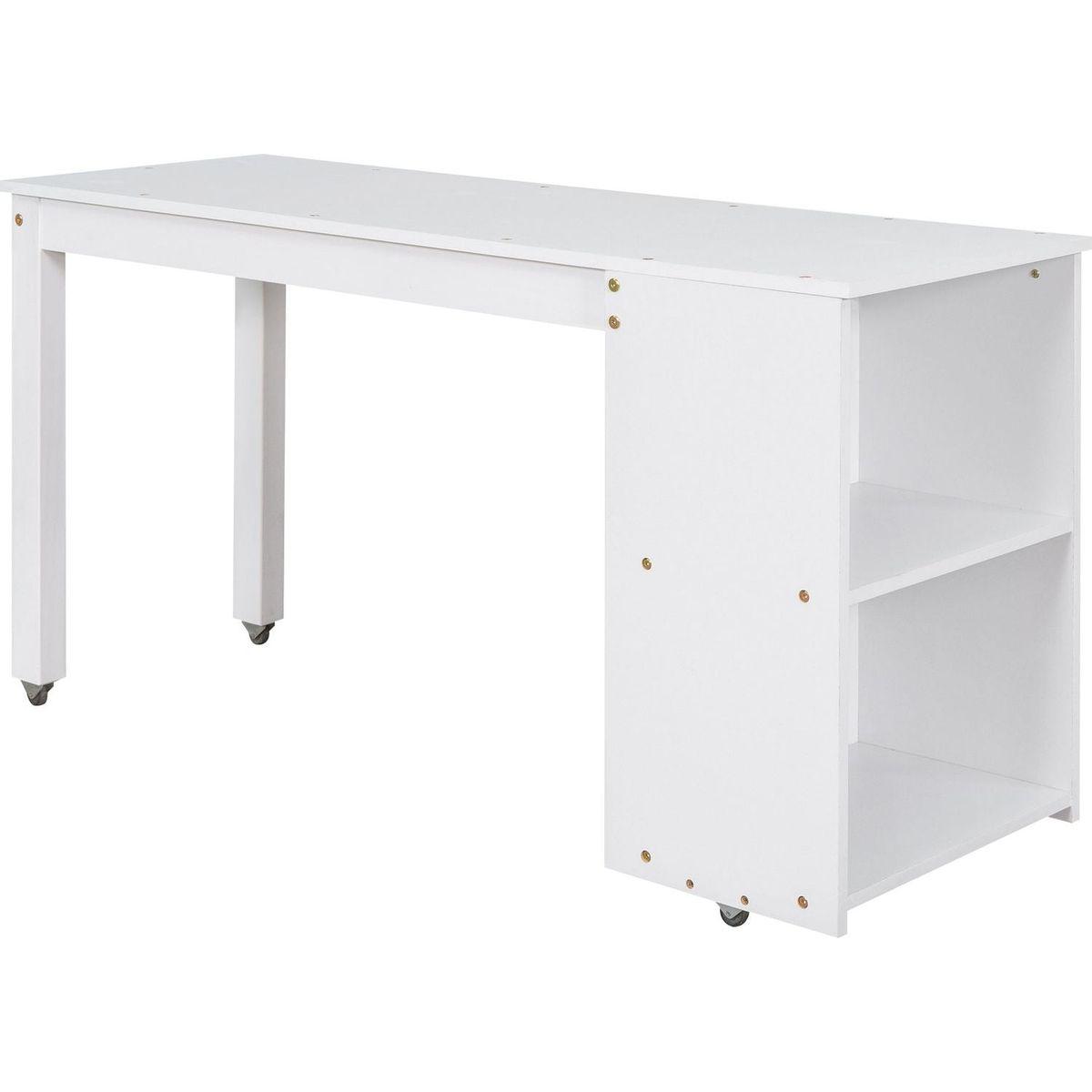 Low Study Full Loft Bed with Cabinet, Shelves and Rolling Portable Desk, Multiple Functions Bed- White