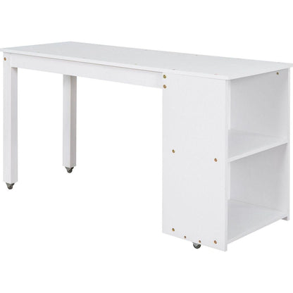 Low Study Full Loft Bed with Cabinet, Shelves and Rolling Portable Desk, Multiple Functions Bed- White