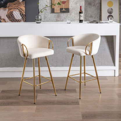26 Inch Set of 2 Bar Stools,with Chrome Footrest and Base Velvet + Golden Leg Simple Bar Stoo,CREAM