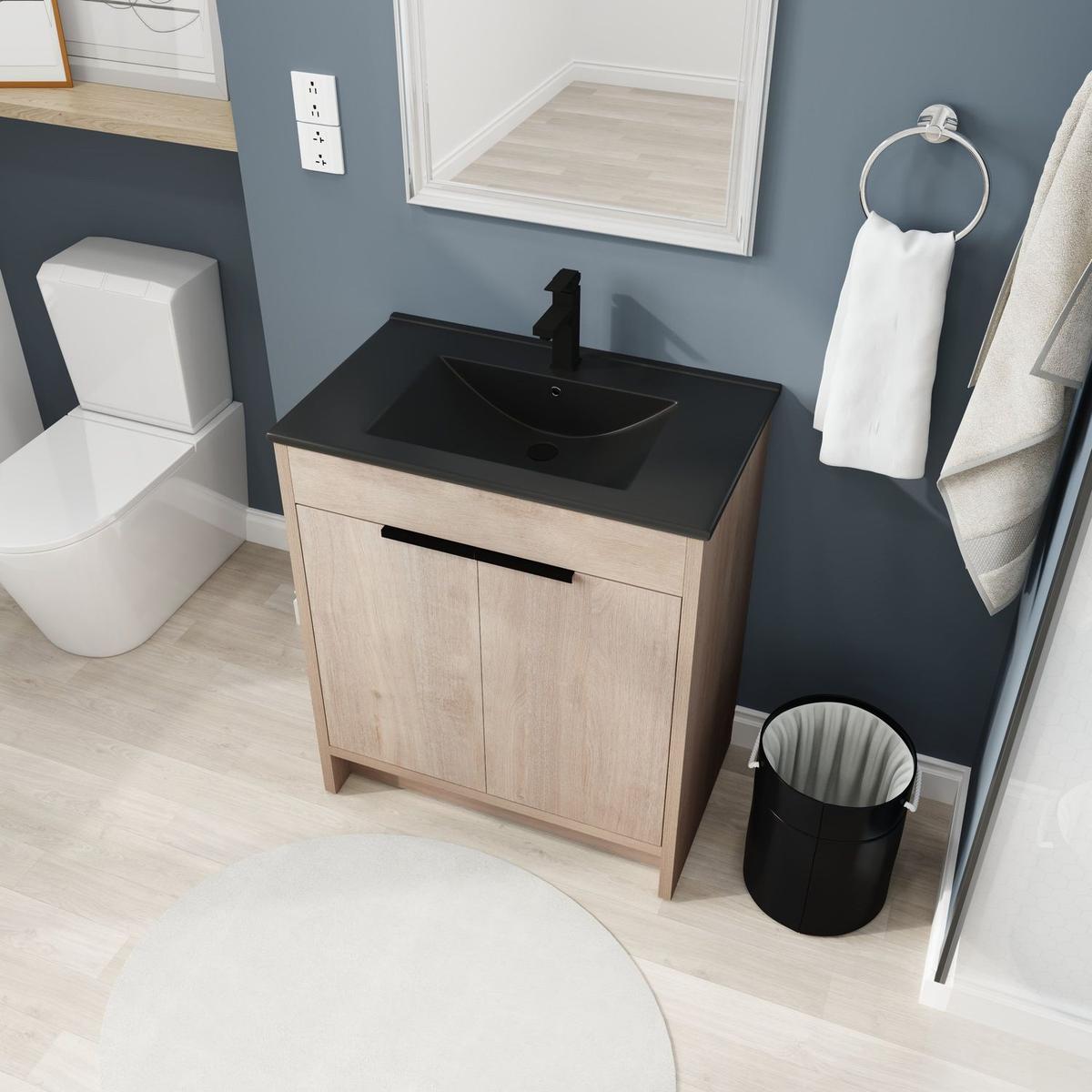 30 Inch Freestanding Bathroom Vanity with Black Ceramic Sink & 2 Soft-Close Cabinet Doors (BVB02430PLO-BL9075BK),W1286S00019