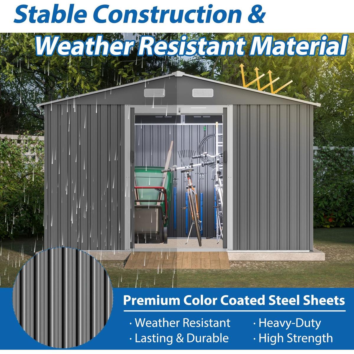 10X8 FT Outdoor Storage Shed, Metal Foundation & Lockable Doors, Tool Shed for Garden, Patio, Backyard, Lawn, Grey - Streamdale Furniture