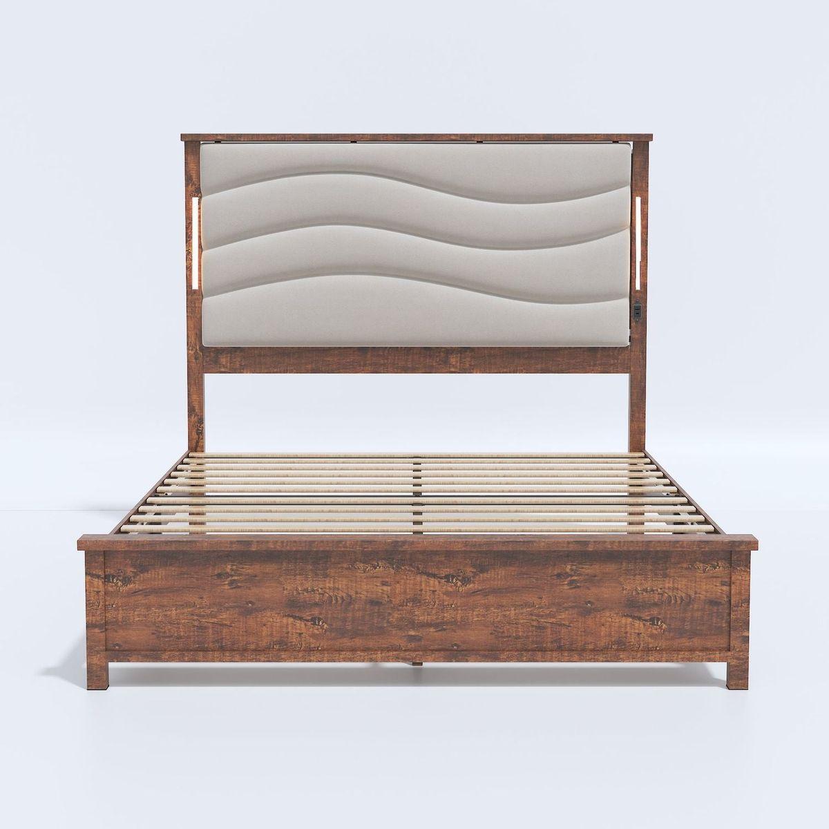 King Size Bed Frame with Upholstered Headboard, King Bed Frame with Charging Station and LED Lights, Wood Slats, Dark Gray Linen, No Box Spring Needed, Easy Assembly