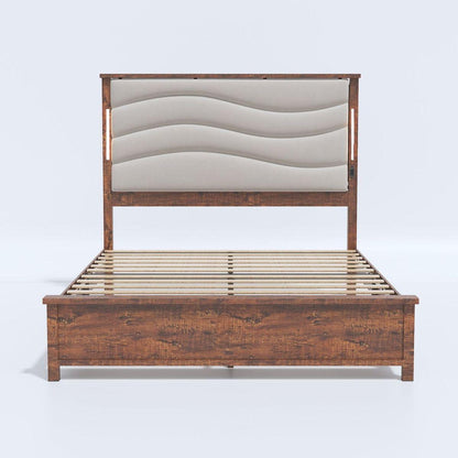 King Size Bed Frame with Upholstered Headboard, King Bed Frame with Charging Station and LED Lights, Wood Slats, Dark Gray Linen, No Box Spring Needed, Easy Assembly