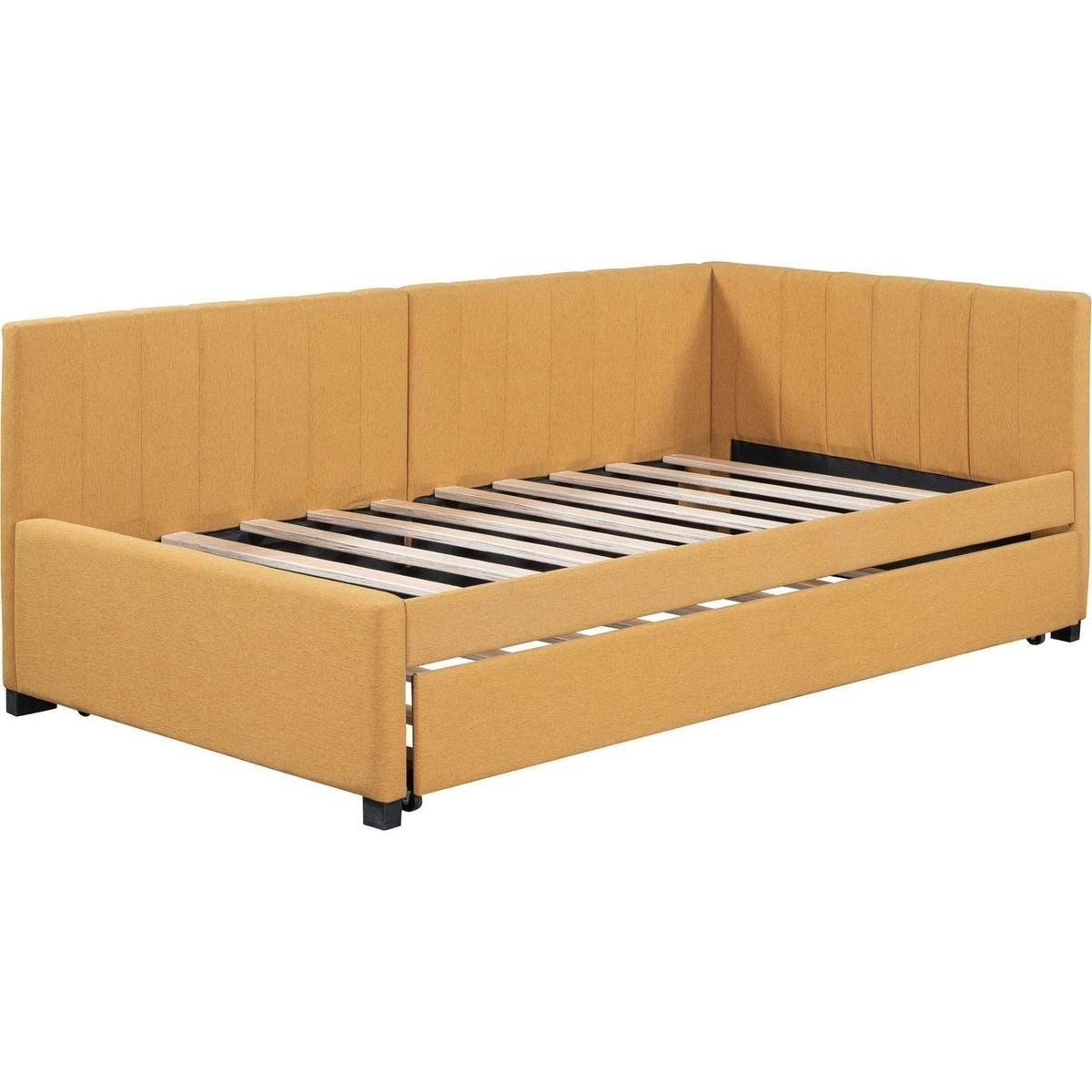 Upholstered Daybed with Trundle Twin Size Sofa Bed Frame No Box Spring Needed, Linen Fabric(Yellow)