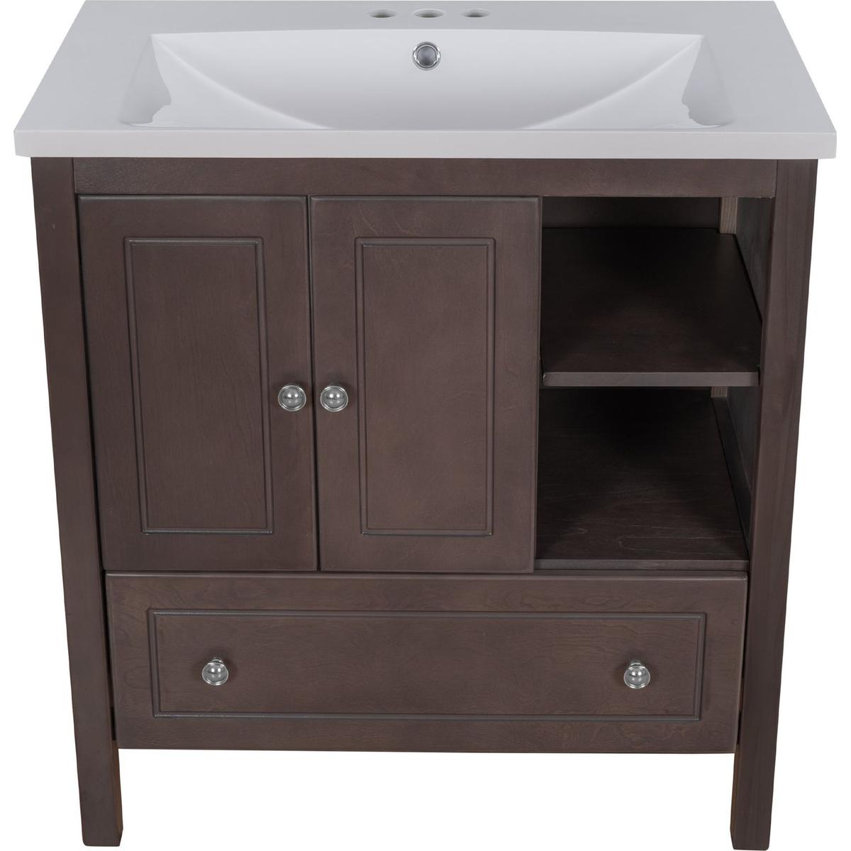 30" Bathroom Vanity with Sink, Bathroom Storage Cabinet with Doors and Drawers, Solid Wood Frame, Ceramic Sink, Brown