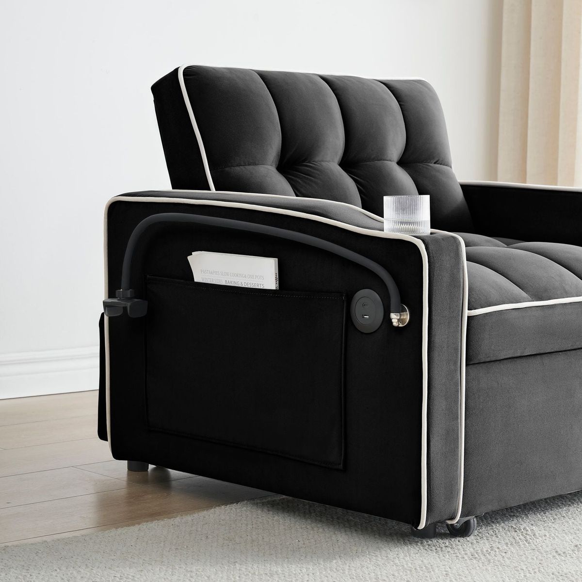 1 versatile foldable sofa bed in 3 lengths, modern sofa sofa sofa velvet pull-out bed, adjustable back and with USB port and ashtray and swivel phone stand black