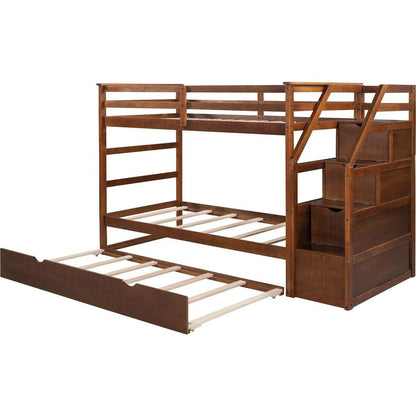 Twin-Over-Twin Bunk Bed with Twin Size Trundle and 3 Storage Stairs,Walnut