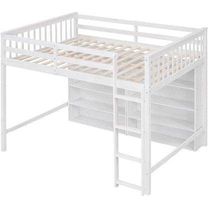 Full Size Loft Bed with 8 Open Storage Shelves and Built-in Ladder, White
