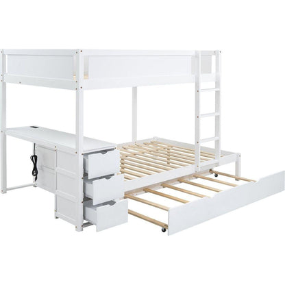 Full-Over-Full Bunk Bed with Twin size Trundle, Storage and Desk, White