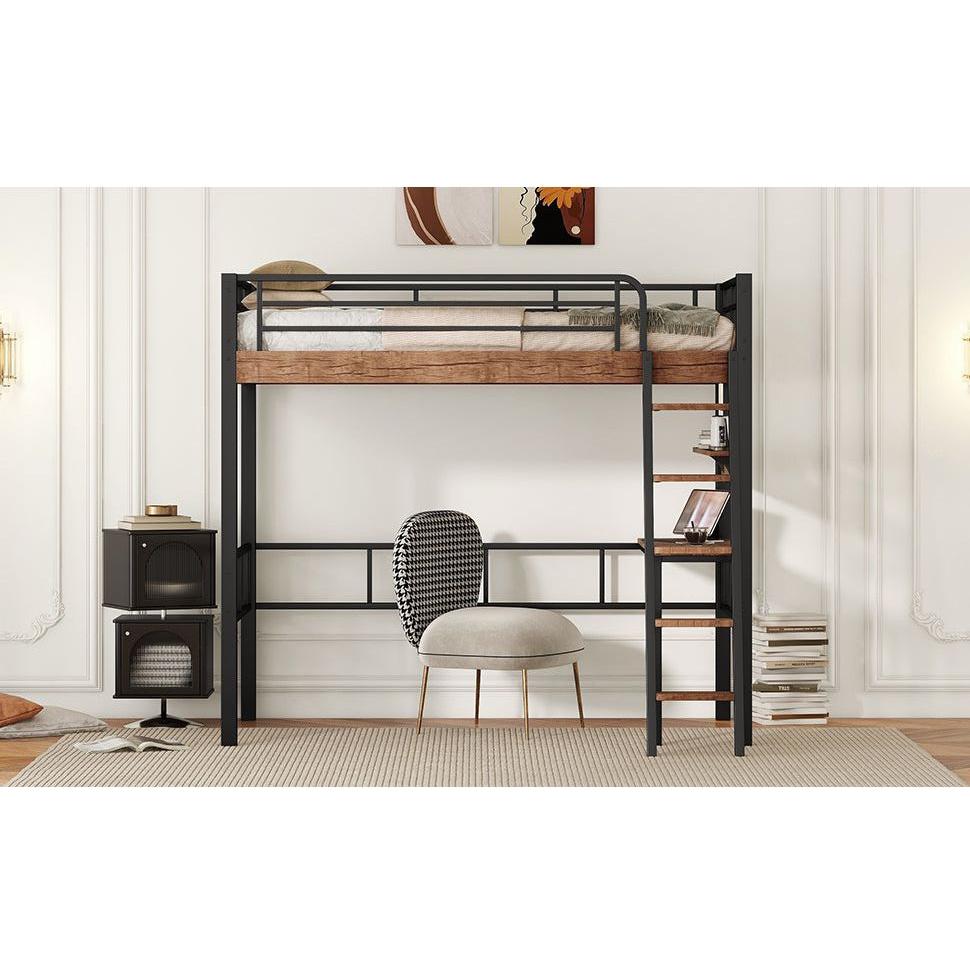 Metal Twin Size Loft Bed with Built-in Desk, Storage Shelf and Ladder, Black