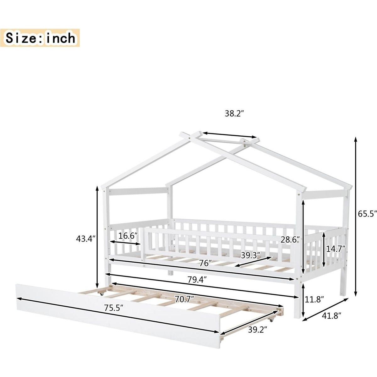 Twin Size Wooden House Bed with Twin Size Trundle, White
