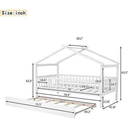 Twin Size Wooden House Bed with Twin Size Trundle, White