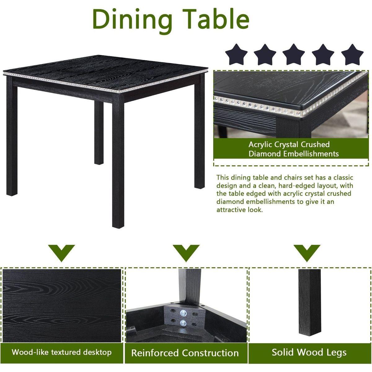 5 Piece Wooden Dining Table Set, Kitchen Table Set with a Square Table and 4 Upholstered Chairs, Wooden Dining Room Table with Crystal Decoration and Chairs Set for Kitchen, Dining Room, Black