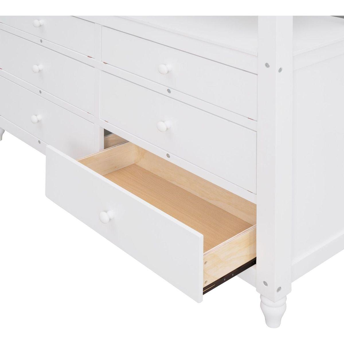Full size Loft Bed with Drawers and Desk, Wooden Loft Bed with Shelves - White