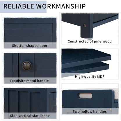 Storage Bench with 3 Shutter-shaped Doors, Shoe Bench with Removable Cushion and Hidden Storage Space (Antique Navy