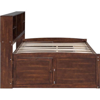 Full Size Wooden Captain Bed with Built-in Storage Shelves, 4 Drawers and 2 Cabinets, Antique Brown