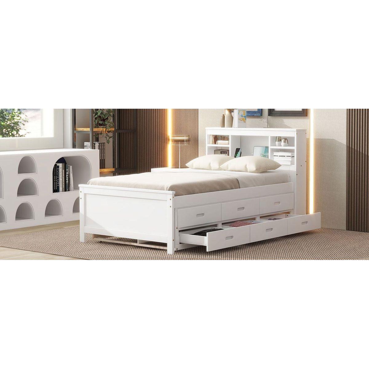 Twin Size Platform Bed with Storage Headboard, USB, Twin Size Trundle and 3 Drawers, White
