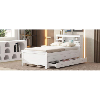 Twin Size Platform Bed with Storage Headboard, USB, Twin Size Trundle and 3 Drawers, White