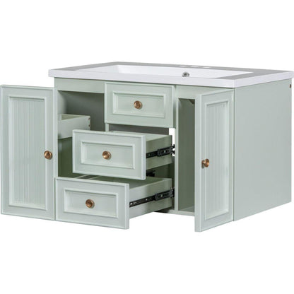 30" Wall Mounted Bathroom Vanity with Sink Combo, Functional Drawer, Solid Wood & MDF Board & Ceramic, Green