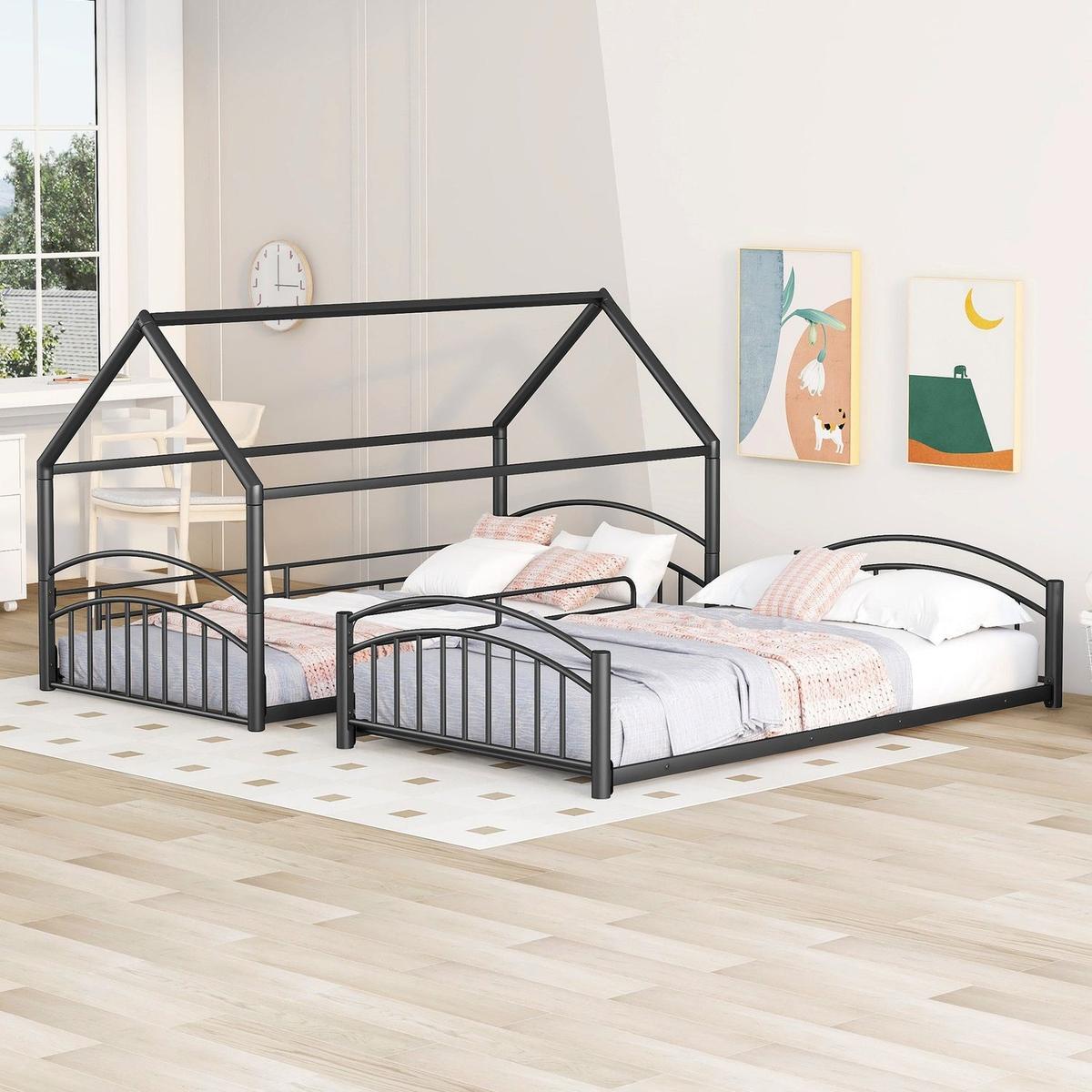 Twin Over Twin Metal Bunk Bed With Slide,Kids House Bed Black