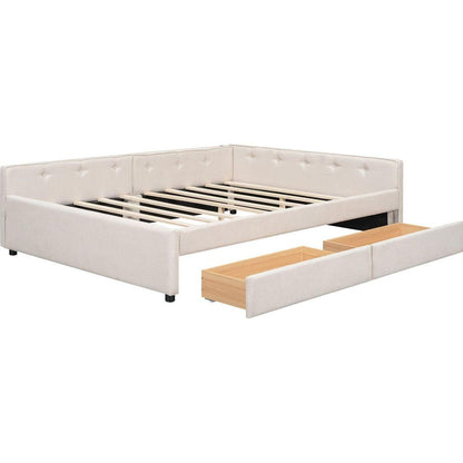 Queen Size Upholstered Platform Bed with USB and 2 Drawers, Beige