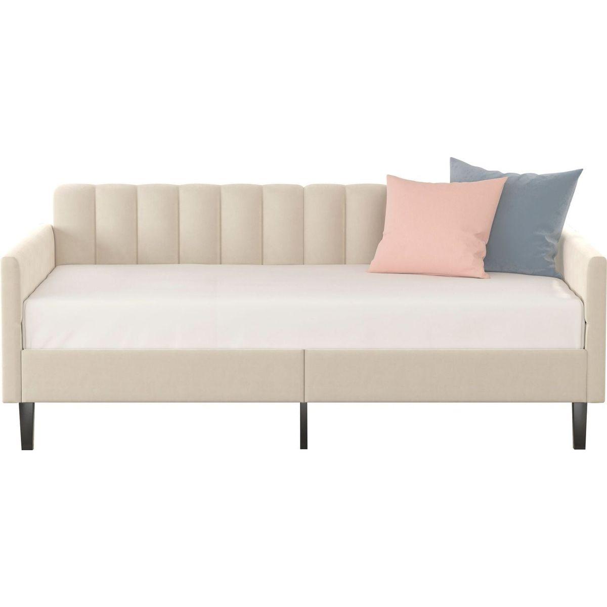 Elena Twin Size Beige Velvet Upholstered Daybed, Ribbed Tufted Backrest, Daybed in Lavish Modern Design, Richly Hued Foam Comfort
