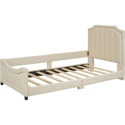 Twin Size Upholstered Daybed with Classic Stripe Shaped Headboard, Beige