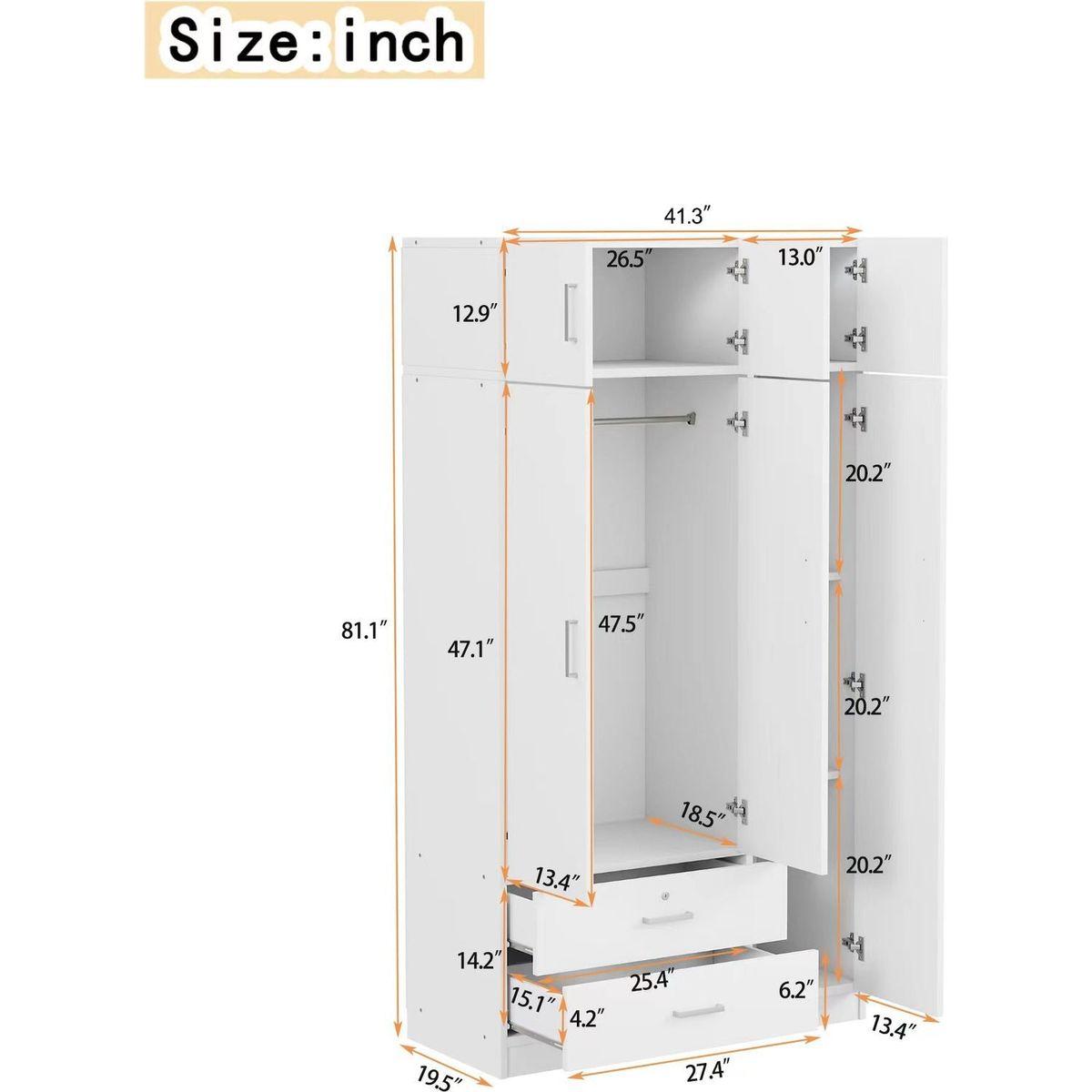 3-Door Mirror Wardrobe with 2 Drawers and Top Cabinet,White