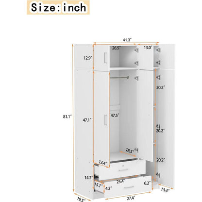 3-Door Mirror Wardrobe with 2 Drawers and Top Cabinet,White