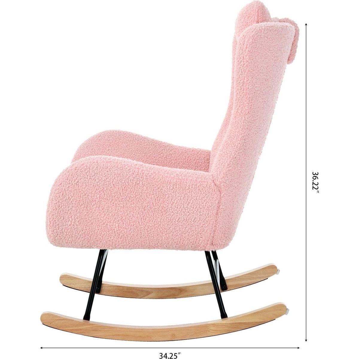 Rocking Chair Nursery, Teddy Upholstered Rocker Glider Chair with High Backrest, Adjustable Headrest & Pocket, Comfy Glider Chair for Nursery, Bedroom, Living Room, Offices, Rubber wood, pink