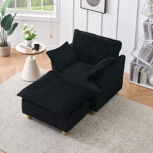 This single-seat corduroy sofa comes with an ottoman and throw pillows. It's perfect for sitting or lying down comfortably in the living room, on the balcony, or in the study.