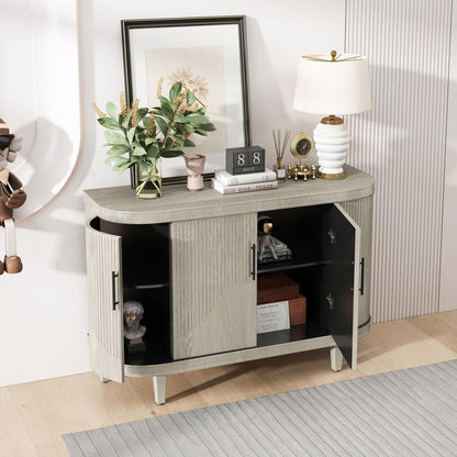 Modern Curved Sideboard 47.2-Inch Decorative Storage Cabinet Wooden Console Table Coffee Bar Cabinet with 4 Doors and Adjustable Interior Shelves for Living Room, Kitchen, Bedroom, Hallway (Champagne)