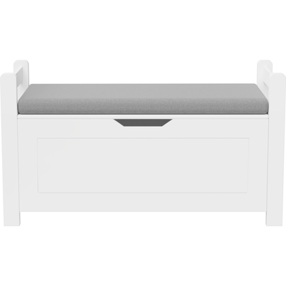 Kids Toy Box Chest, White Rubber Wood Toy Box for Boys Girls, Large Storage Cabinet with Cushion Seat Bench/Flip-Top Lid/Safety Hinge, Toy Storage Organizer Trunk for Nursery, Playroom