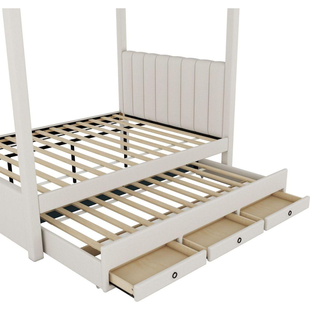 Full Size Upholstery Canopy Platform Bed with Trundle and Three Storage Drawers, Beige - Streamdale Furniture