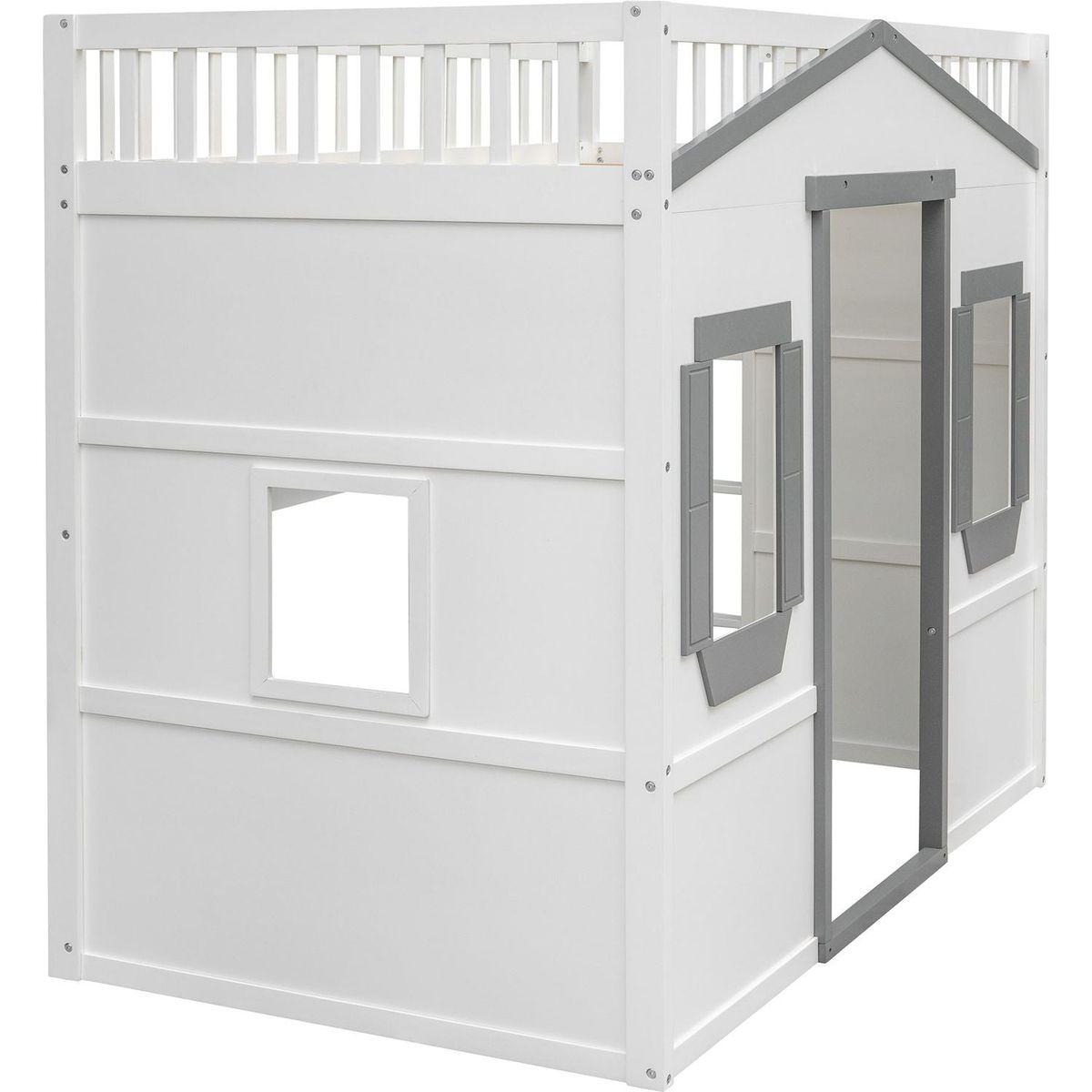 Twin Size House Loft Bed With Ladder-White+Gray Frame