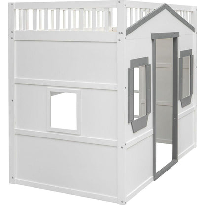 Twin Size House Loft Bed With Ladder-White+Gray Frame