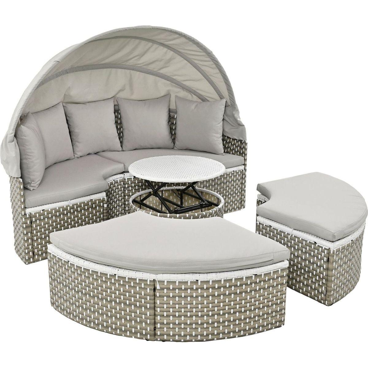 Patio Furniture Round Outdoor Sectional Sofa Set Rattan Daybed Two-Tone Weave Sunbed with Retractable Canopy, Separate Seating and Removable Cushion, Gray