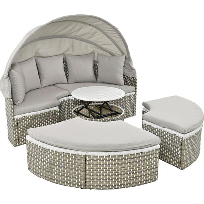 Patio Furniture Round Outdoor Sectional Sofa Set Rattan Daybed Two-Tone Weave Sunbed with Retractable Canopy, Separate Seating and Removable Cushion, Gray