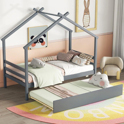 Twin Size House-shaped Bed with Trundle,Grey