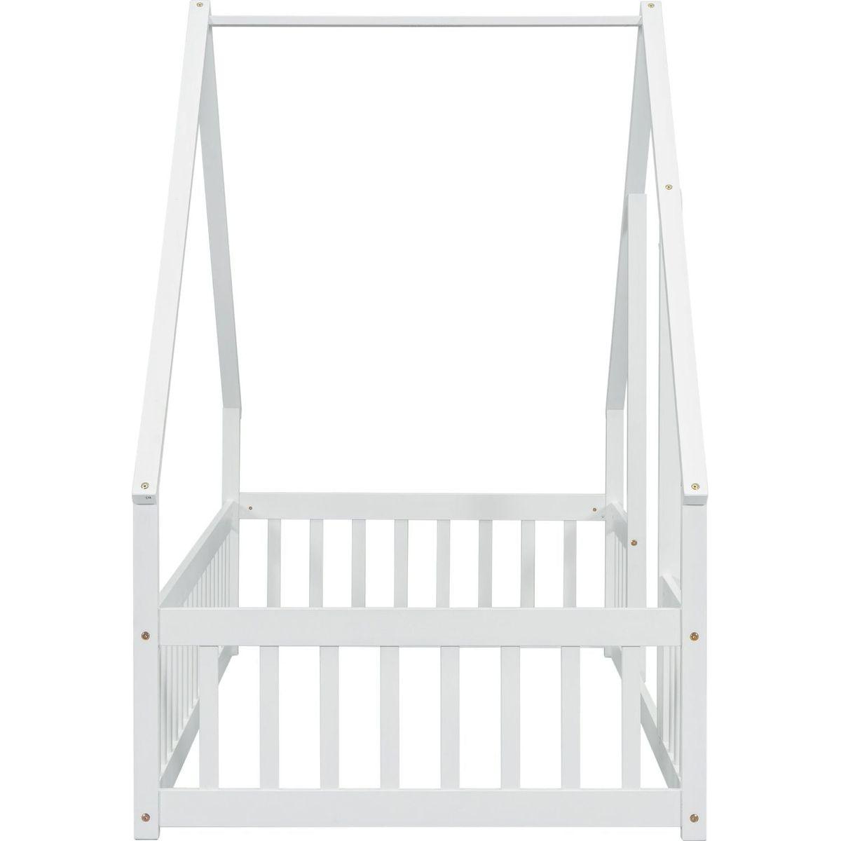 Twin Wood House-Shaped Floor Bed with Fence, Guardrails, White