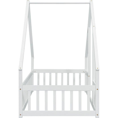 Twin Wood House-Shaped Floor Bed with Fence, Guardrails, White