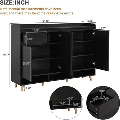 Sleek and Contemporary Shoe Cabinet with Adjustable Shelves, Minimalist Home Organizer with Solid Wood Legs, Storage Sideboard for Entryway, Living Room, Black