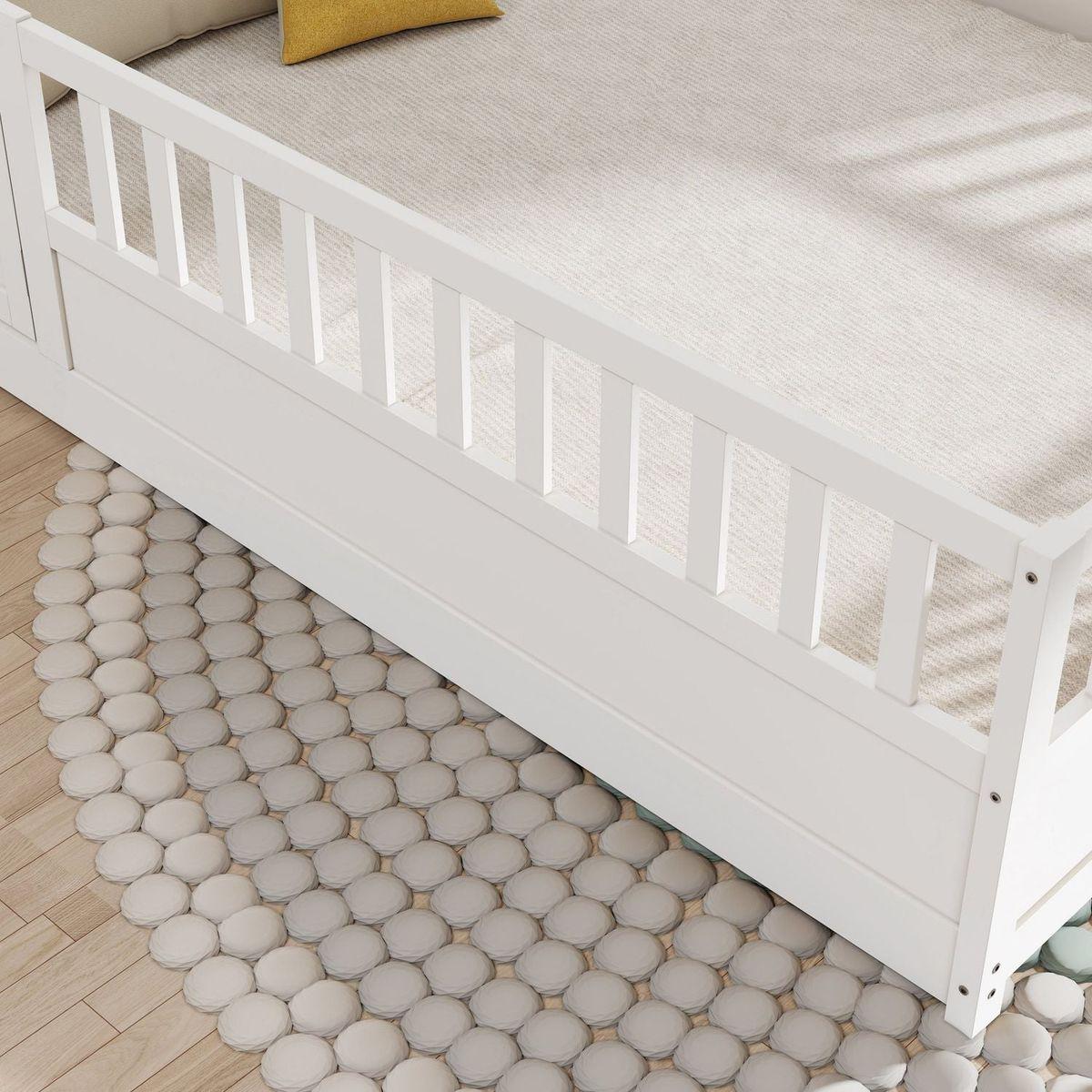 Full size Floor bed, integral construction with super high security barrier, door, children's floor bed frame, Montessori wooden children's floor bed, Support slat white - Streamdale Furniture