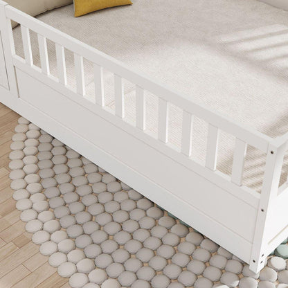 Full size Floor bed, integral construction with super high security barrier, door, children's floor bed frame, Montessori wooden children's floor bed, Support slat white - Streamdale Furniture